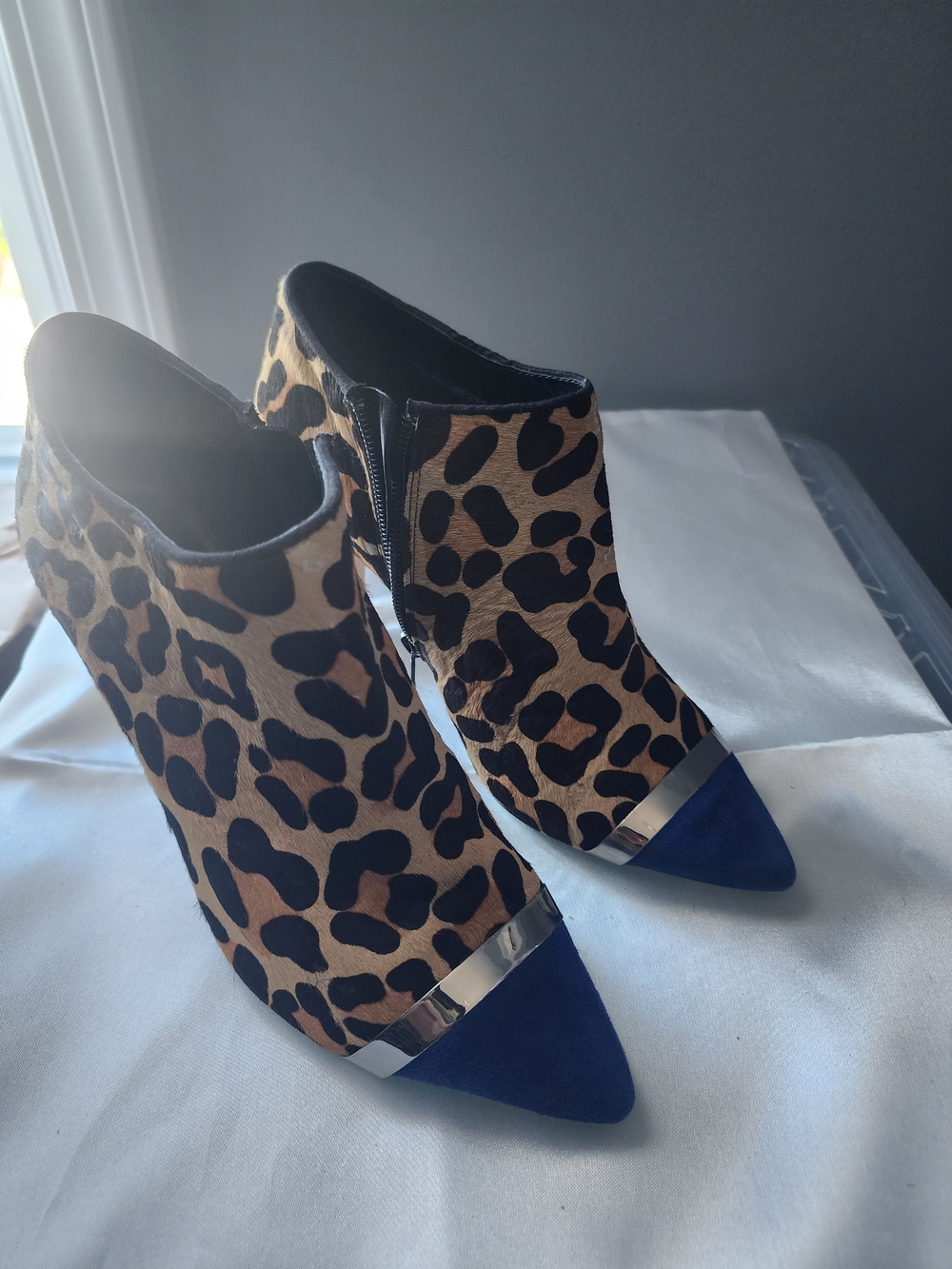 Dune London Leopard Print Ankle Boots with Blue Pointed Toe